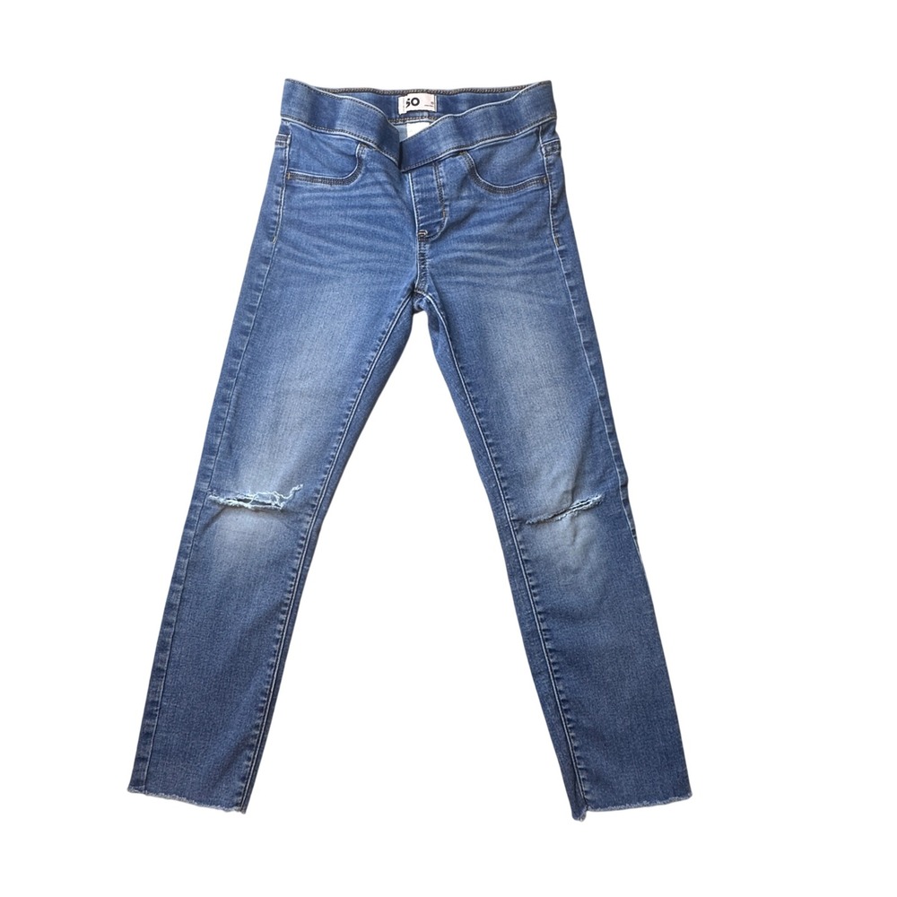 SO Jeggings Girls 10 Blue Distressed Ripped Knee Raw Hem Pull On Stretch Denim